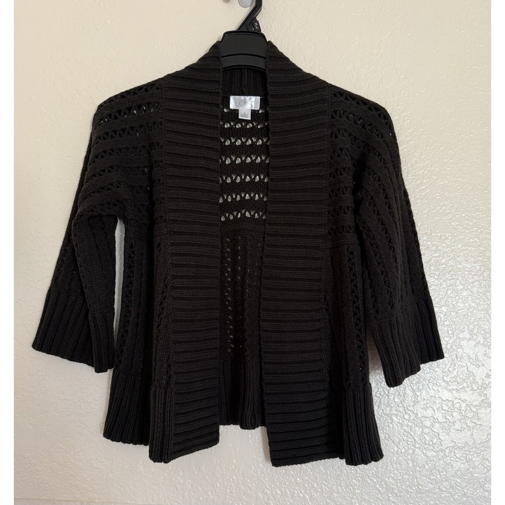 Ann Taylor Loft Cardigan Womens S Black Open Front Pointelle‎ Knit Shawl Collar